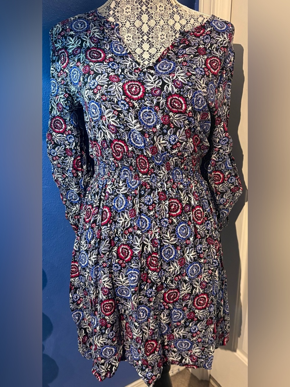 Blue Rain Navy Midi Dress with Pink & Blue Floral Print
